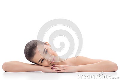 Beautiful girl, woman after cosmetic procedures, facelift, facial massage, visit a beautician, massage. Stock Photo