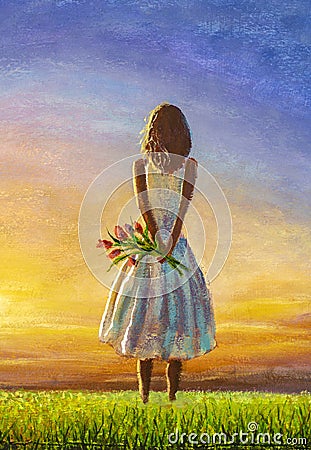 Beautiful girl woman mom with a bouquet of flowers in a summer field admires colorful sunset dawn. Oil painting Stock Photo