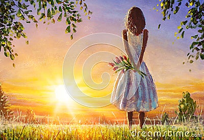 Beautiful girl woman mom with a bouquet of flowers in a summer field admires colorful sunset dawn. Oil painting. Stock Photo