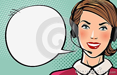Beautiful girl or young woman with headset says. Call center, support, business concept. Cartoon vector illustration Vector Illustration