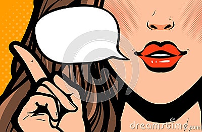 Beautiful girl or young woman says. Pop art retro comic style. Cartoon illustration Stock Photo