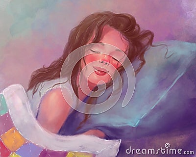 Beautiful girl or young woman who sleeps in bed under a quilted blanket and hugs a pillow smiling in a dream. good dream Stock Photo
