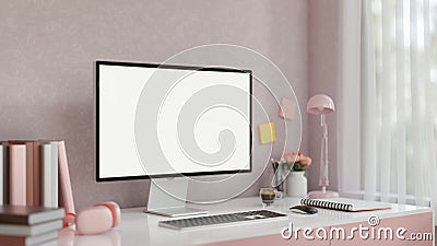 Beautiful girlie pink computer desk with a computer mockup on a pink desk with pink accessories Cartoon Illustration