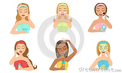 Beautiful Girls Applying Different Facial Masks Set, Women Cleaning and Caring for Skin, Facial Treatments Vector Vector Illustration