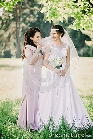 Funny girls Bride and bridesmaid Stock Photo