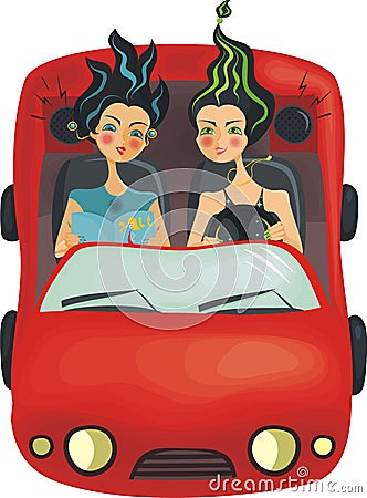 Beautiful girls in car(vector) Vector Illustration