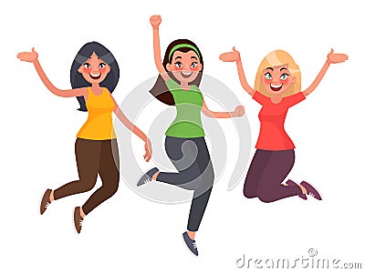 Beautiful girls are jumping with happiness. Women`s joy. Vector Cartoon Illustration