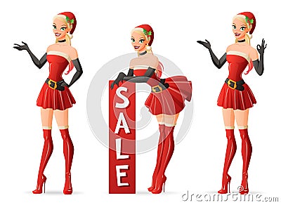 Beautiful girls in Santa costume in different poses. Vector set. Vector Illustration