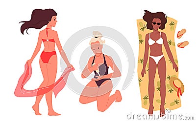 Beautiful girls in swimsuits on beach Vector Illustration