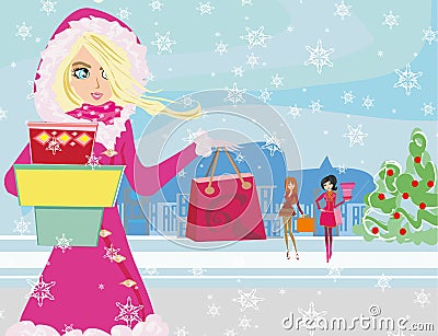 Beautiful girls on winter shopping Vector Illustration