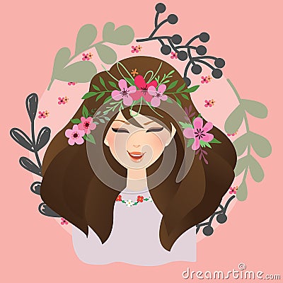 Beautiful girls woman with flower around her head bohemian gypsy style Vector Illustration