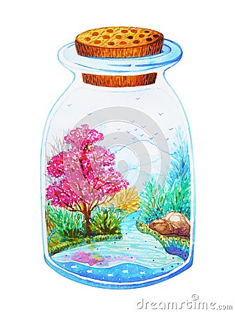 Beautiful glass bottle garden watercolor painting design Cartoon Illustration