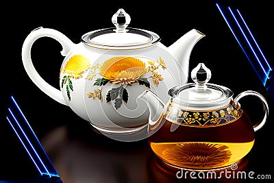 beautiful glass teapot adorned with a delicate chrysanthemum flower pattern Stock Photo
