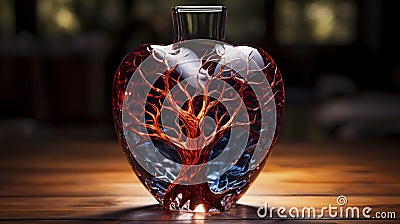 Beautiful Glass Wine Decanter In Heart, Tree Shape On Wooden Table. It Aerate Red Wine By Cartoon Illustration