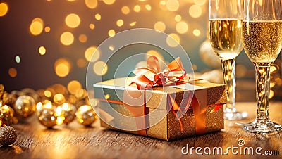 Beautiful glasses champagne, elegance , festive background gift box with bow party shiny Stock Photo