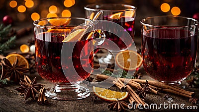Beautiful glasses mulled wine, punch celebrate party holiday , aromatic star anise wine traditional drink decoration Stock Photo
