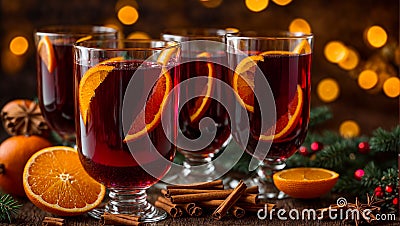 Beautiful glasses mulled wine, punch celebrate party holiday , aromatic anise wine composition drink decoration Stock Photo