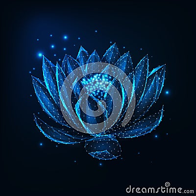 Beautiful glowing low polygonal floating waterlily, lotus flower with stars on dark blue background. Vector Illustration