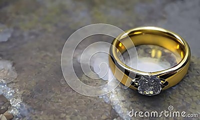 A beautiful gold diamond ring lies on a marble surface. Jewelry on the gray earth. The lost ring Stock Photo