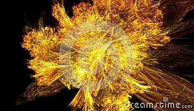 Beautiful gold fire background of glowing particles and lines with depth of field and bokeh. 3d illustration, 3d render Cartoon Illustration