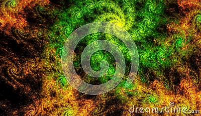 Beautiful gold and green background of glowing spiral with depth of field and bokeh. 3d illustration, 3d render Cartoon Illustration