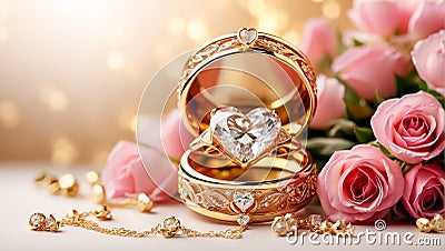 Beautiful gold ring with diamond in the jewel of a heart, flowers pattern congratulation Stock Photo