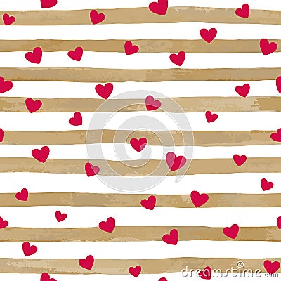 Beautiful gold and white seamless watercolor striped background with red hearts. Vector Illustration