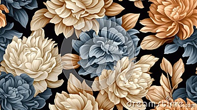 Beautiful Golden Beige Peach Soft Blue Ivory Gilding Flowers Seamless Tile. Generative AI Stock Photo