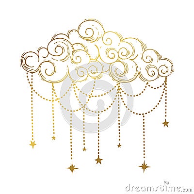Beautiful golden cloud in bohemian style, linear hand drawn illustration. Vector boho tattoo, cloud with jewels and stars isolated Vector Illustration