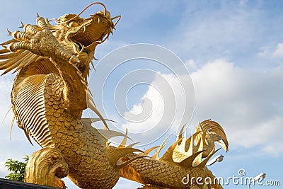 Beautiful golden dragon statue religion sign Chinese Thai power head bosses Stock Photo