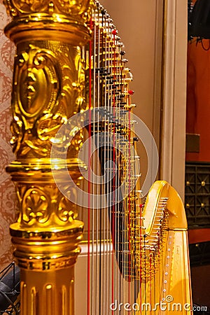 Beautiful golden harp strings close up. Musical instruments of the Orchestra in philharmonia Stock Photo