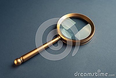 Beautiful golden magnifying glass. FAQ. Stock Photo