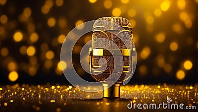 Beautiful golden microphone a background concert party luxury banner musical Stock Photo