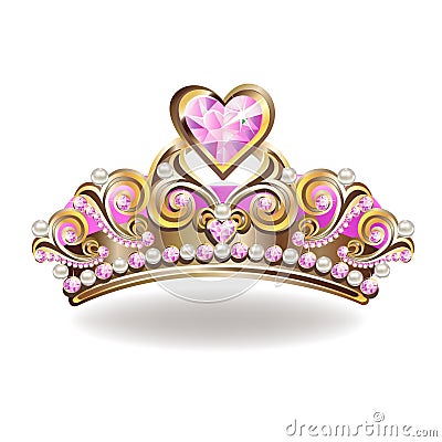 Beautiful golden princess crown with pearls and pink jewels Vector Illustration