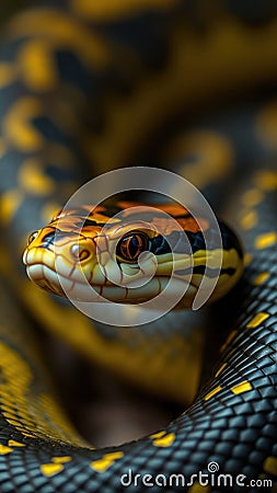 Beautiful golden python resting on a dark background in a close-up view Stock Photo