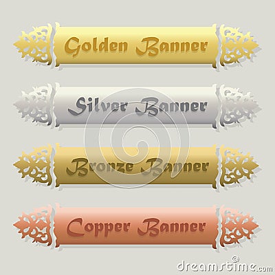 Beautiful Golden, Silver, Bronze, and Copper floral beveled banners set Vector Illustration