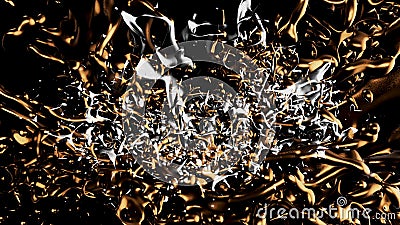 Beautiful golden and silver oil splashes in slow rotation and freeze motion, seamless loop. Animation. Exploded liquid Stock Photo