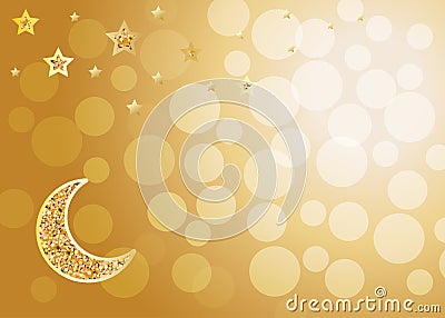 Beautiful golden sparkling moonand stars on gold backgroun Vector Illustration
