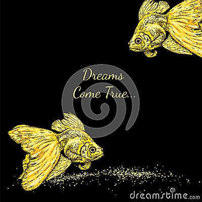 Beautiful goldfish. Vector illustration. Veiltail drawn in vintage style. Vector Illustration