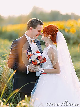 Beautiful gorgeous redhair bride and stylish handsome groom in a sunflower sunny field Stock Photo