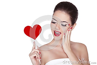 Beautiful gorgeous woman with glamour bright makeup holding red Stock Photo