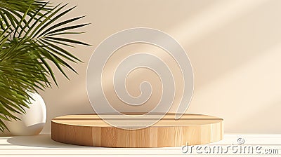 beautiful grain natural shape wooden podium table bamboo palm tree in sunlight, leaf shadow Stock Photo