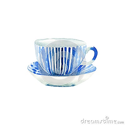 Beautiful graphic lovely artistic tender wonderful blue porcelain china tea cup watercolor Cartoon Illustration