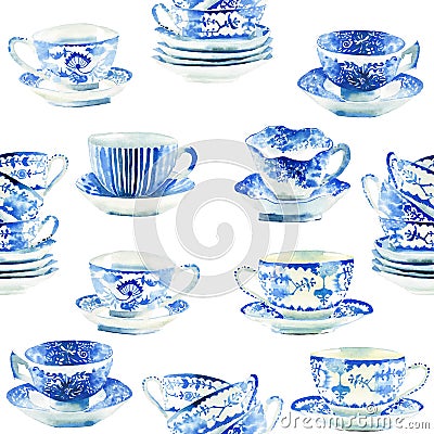 Beautiful graphic lovely artistic tender wonderful blue porcelain china tea cups pattern watercolor Cartoon Illustration