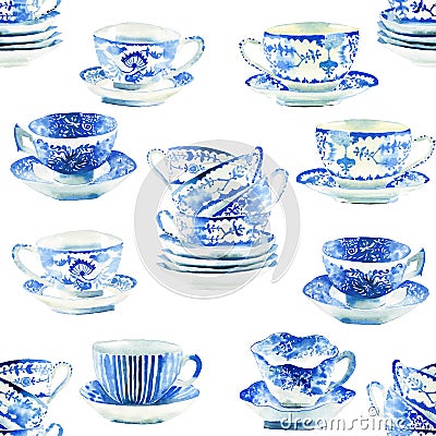 Beautiful graphic lovely artistic tender wonderful blue porcelain china tea cups pattern watercolor hand illustration Cartoon Illustration