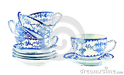 Beautiful graphic lovely artistic tender wonderful blue porcelain china tea cups pattern watercolor hand illustration Cartoon Illustration