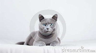 Beautiful Gray Cat Breeds Russian Blue Sitting on Pillow AI Generated Cartoon Illustration