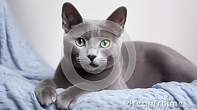 Beautiful Gray Cat Breeds Russian Blue Sitting on Pillow AI Generated Cartoon Illustration