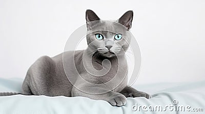 Beautiful Gray Cat Breeds Russian Blue Sitting on a Pillow AI Generated Cartoon Illustration