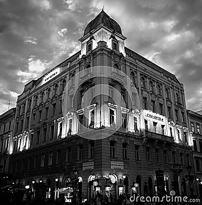 Beautiful grayscale view of an old monumental building in the city center of Budapest Editorial Stock Photo